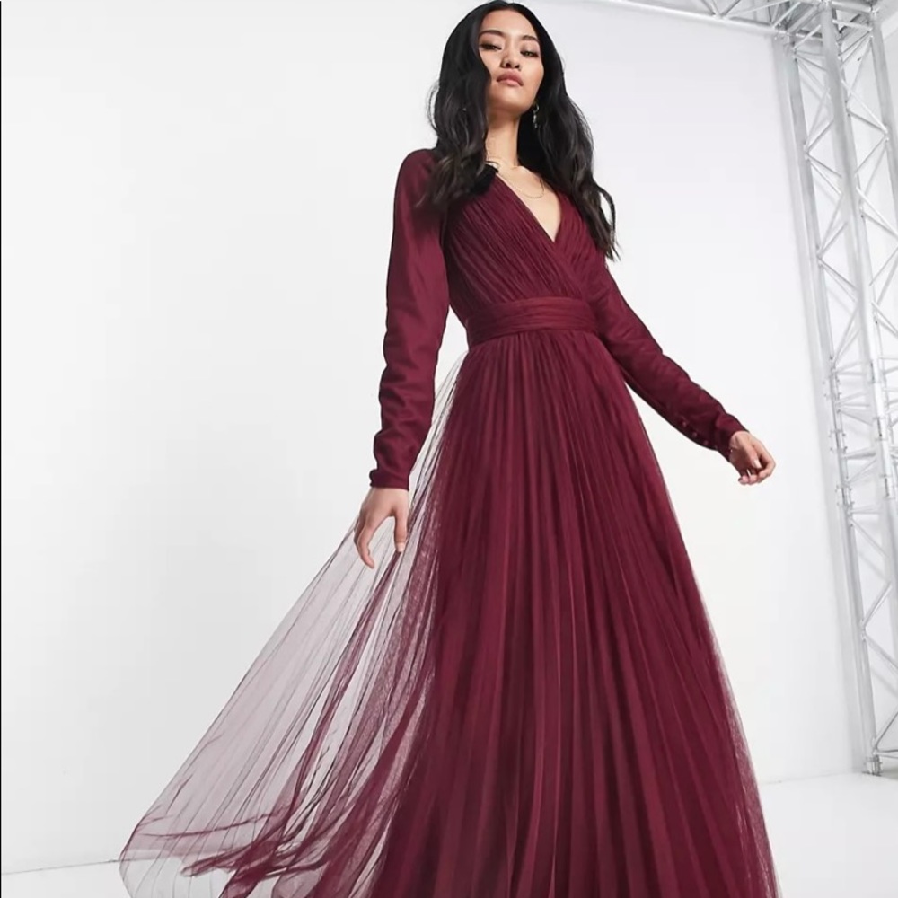 ASOS DESIGN Bridesmaid long sleeve tulle ruched maxi dress w/pleats in Oxblood
